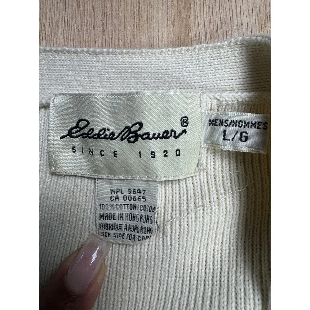 Eddie Bauer Mens Cotton VNeck Button Up Sleeveless Sweater Vest Cream Y2K Size L